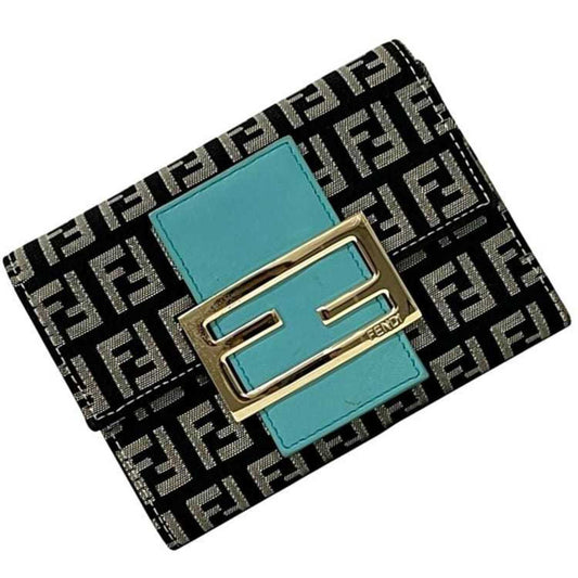 Fendi Zucchino Black Blue Canvas Leather Wallet (Tri-Fold) ()