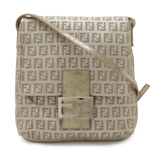 Fendi Zucchino Beige Dark Brown Khaki Canvas Leather Shoulder Bag ()
