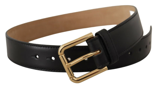 Dolce & Gabbana Black Solid Leather Classic Gold Waist Buckle Women's Belt