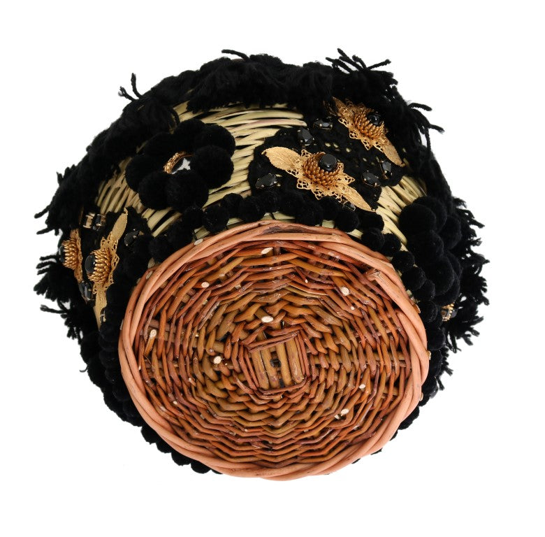 Dolce & Gabbana Beige Straw Snakeskin Pom Pom Crystal AGNESE Women's Bag