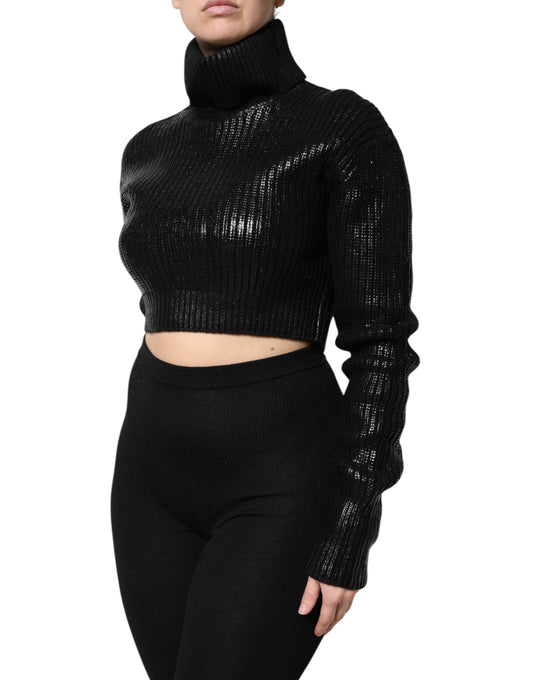 Dolce & Gabbana Black Wool Long Sleeve Turtleneck Cropped Women's Top