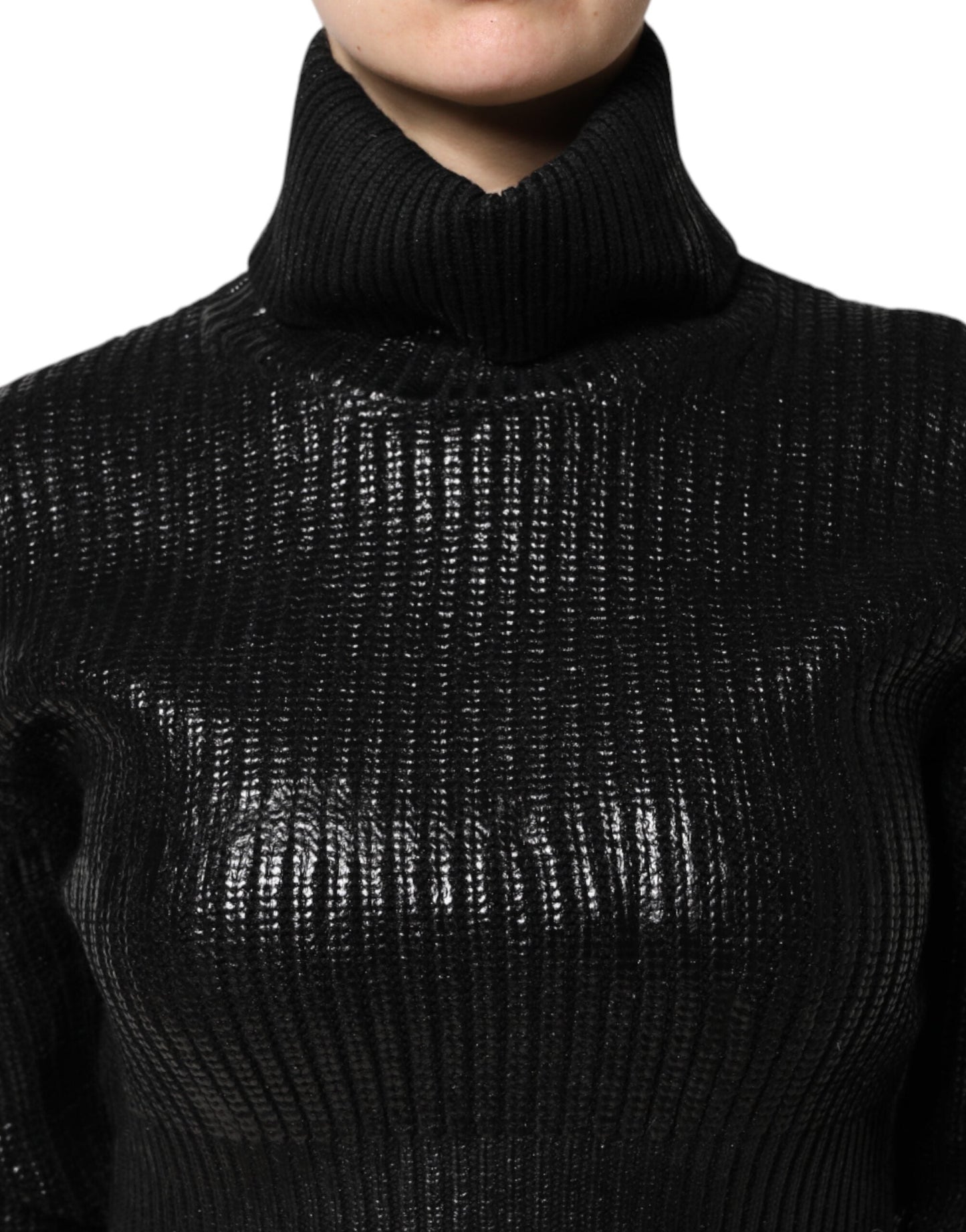 Dolce & Gabbana Black Wool Long Sleeve Turtleneck Cropped Women's Top
