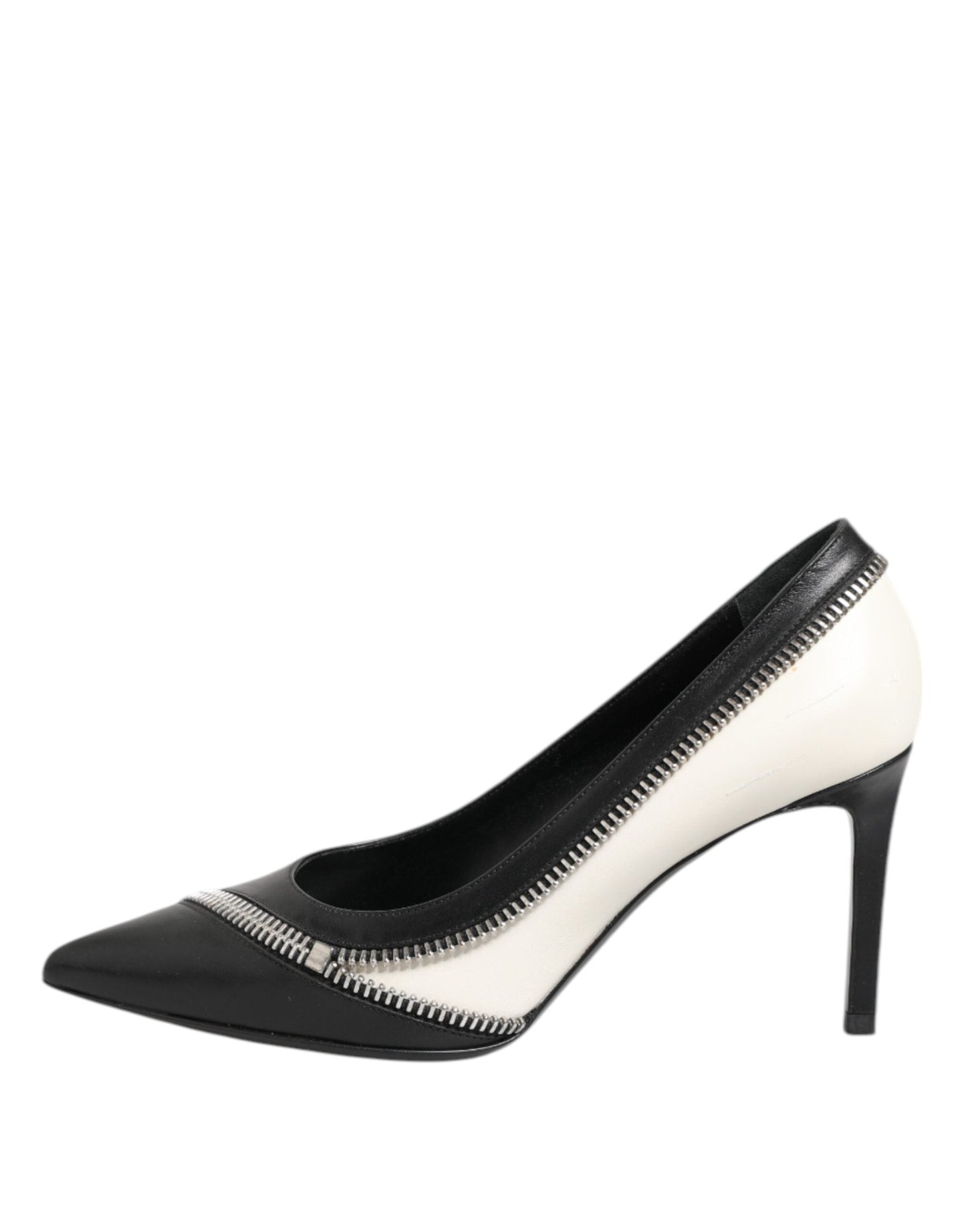 Saint Laurent White Black Leather Pointed Toe Heels Women's Shoes