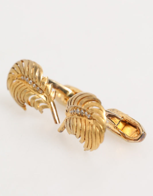 Dolce & Gabbana Gold 925 Sterling Silver Crystal Leaf Accessory Men's Cufflink