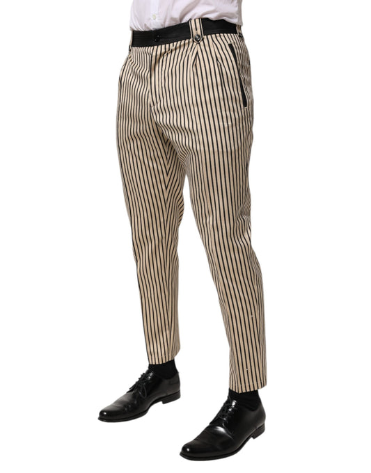 Dolce & Gabbana Beige Black Striped Cotton Slim Fit Trousers Men's Pants