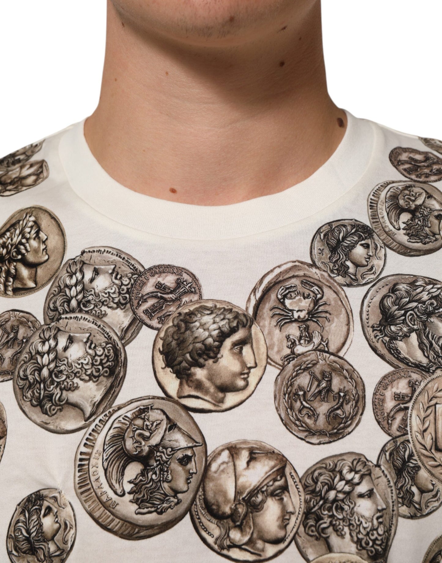 Dolce & Gabbana White Coin Print Cotton Crew Neck Men Men's T-shirt ()