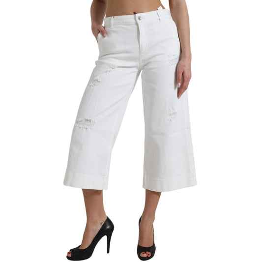 Dolce & Gabbana Wide Leg White Cotton Cropped Denim Women's Jeans