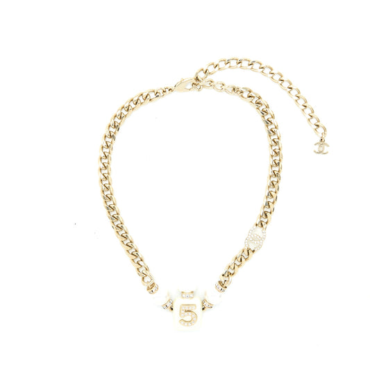 Chanel No.5 Perfume Bottle Chocker/ Necklace Crystal/Pearl Light Gold Tone