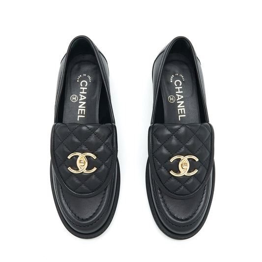 Chanel Size 37 22S Quilted CC Logo Loafer Black LGHW