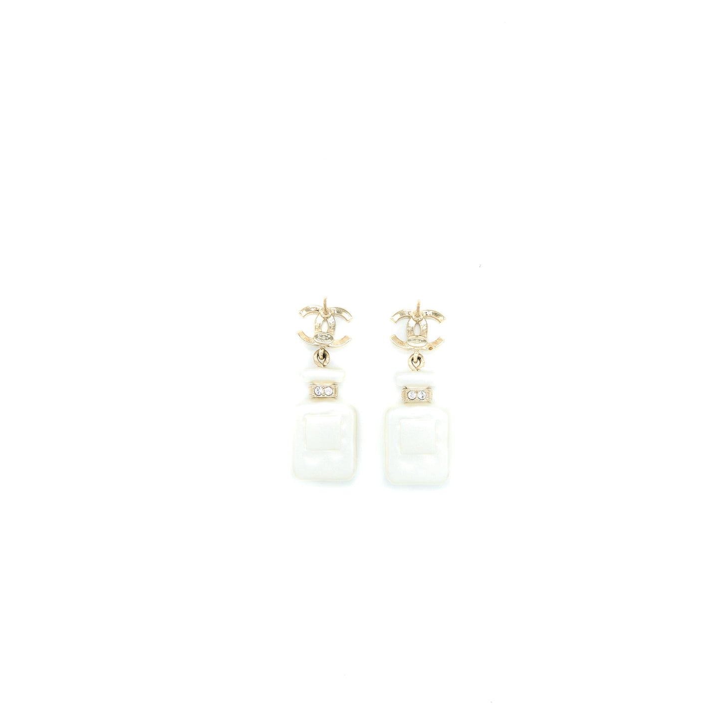 Chanel No.5 Perfume Bottle CC Logo Earrings Light Gold Tone