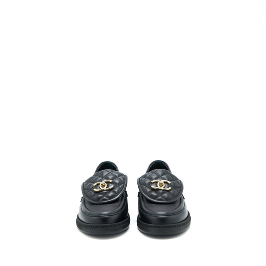 Chanel Size 37.5 Turnlock Loafers Quilted Leather Black LGHW