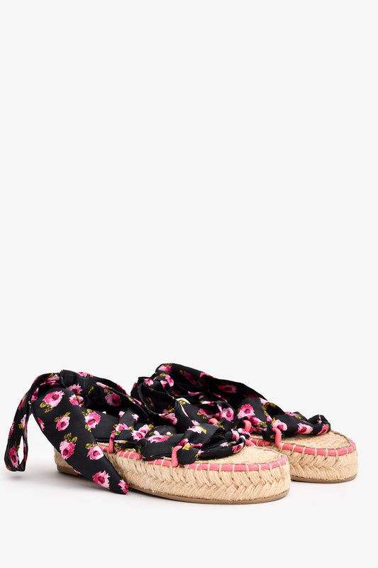 Prada Black/Pink Floral Satin Tie-Up Espadrille Sandals Size 35