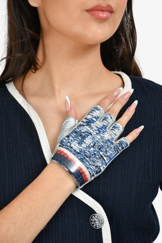 Chanel™ 2016 S/S Runway Blue/Multi Tweed Midi Skirt Size 36 + Matching Gloves