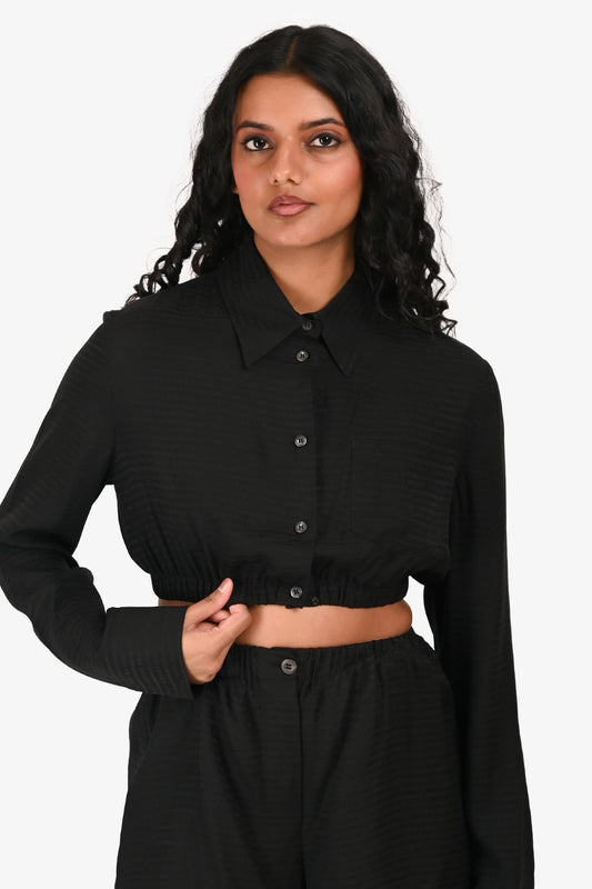 Prada 2022 Black Jacquard Logo Silk Cropped Button-Up Top (Size 40) + Shorts (Size 36) Set