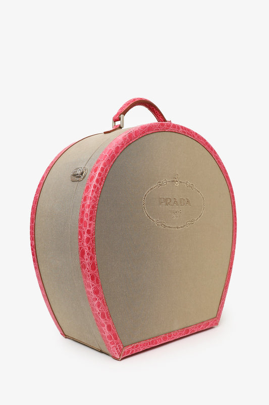 Prada Beige Canvas Pink Crocodile Trim Hat Box