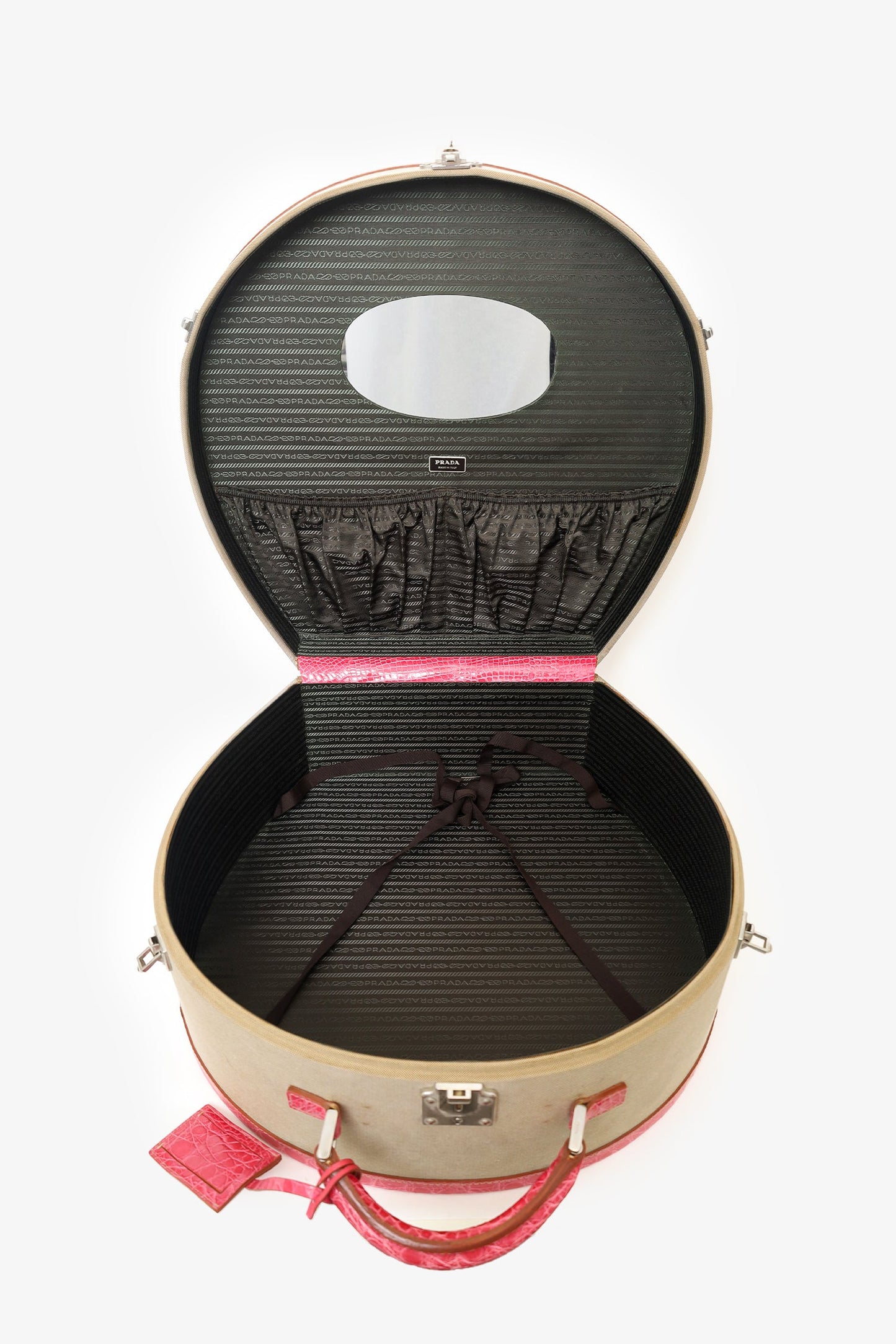 Prada Beige Canvas Pink Crocodile Trim Hat Box