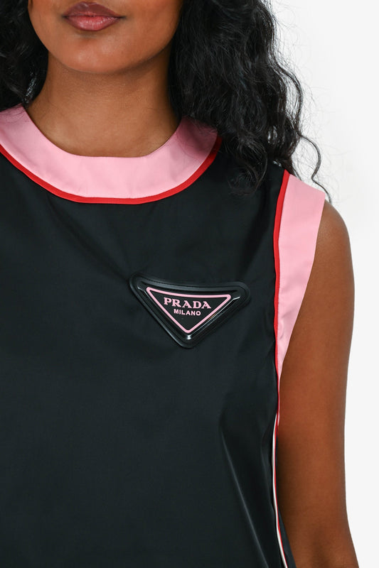Prada Black/Pink Nylon Sleeveless Triangle Logo Midi Dress Size 38