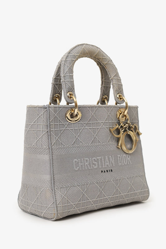 Christian Dior 2020 Grey Cannage Embroidered Canvas Medium Lady D-Lite With Strap
