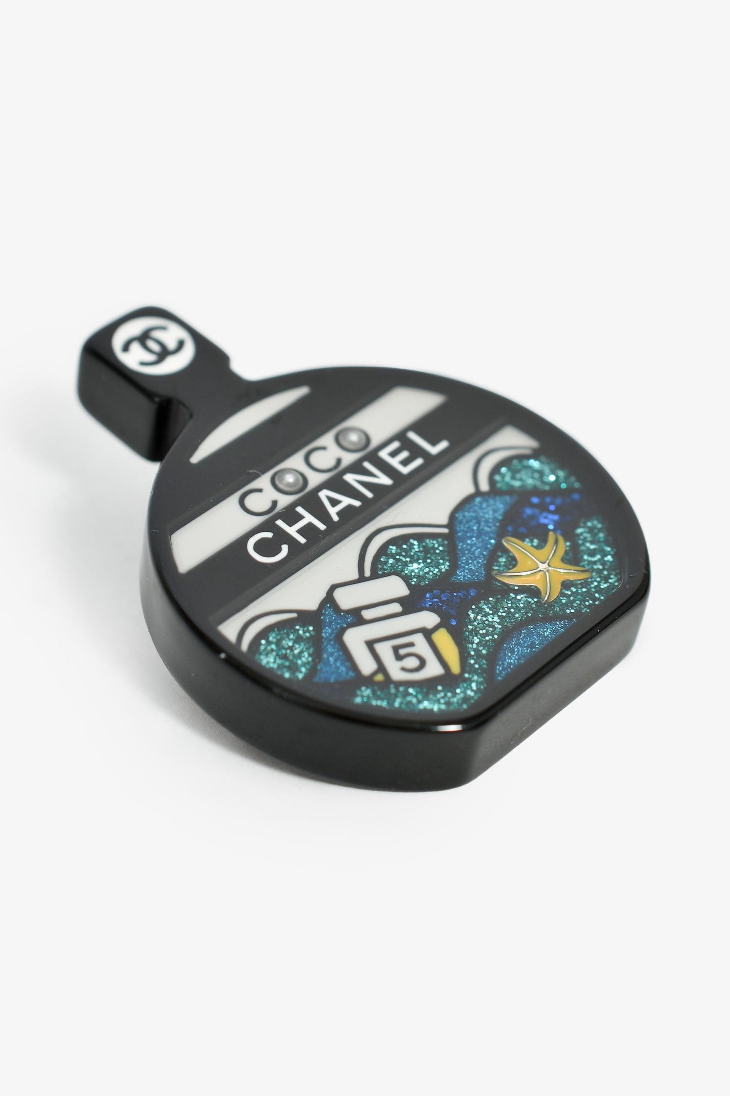 Chanel™ Black/White Glitter Resin Perfume Bottle Brooch