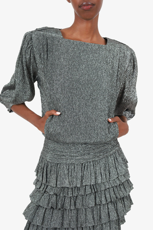 Saint Laurent Silver Metallic Ruffled Tiered Mini Dress Size 38