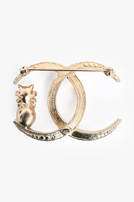 Chanel™ Gold Tone Faux Crystal/Pearl CC Cat Brooch