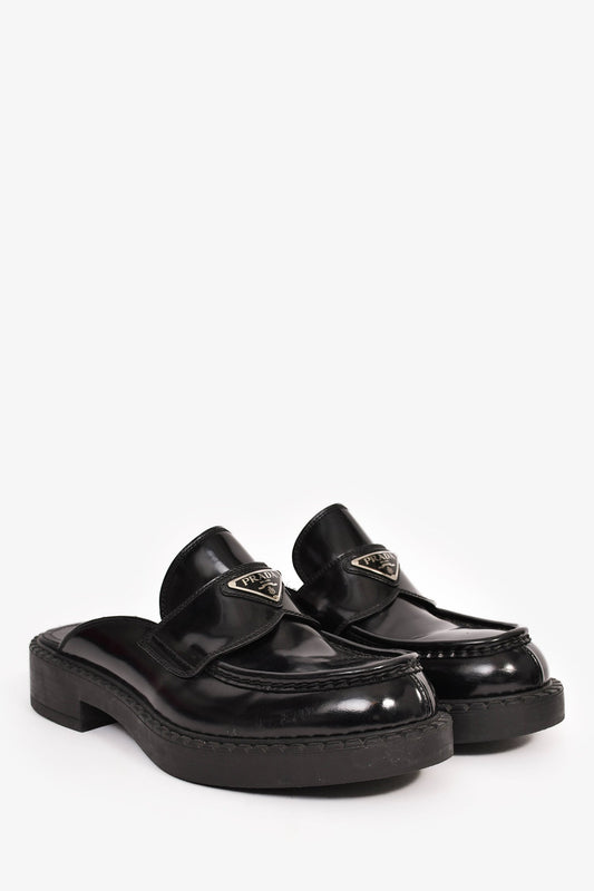 Prada Black Brushed Leather Plaque Mule Loafers Size 6 Mens
