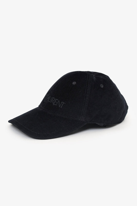 Saint Laurent Black Corduroy Logo Hat