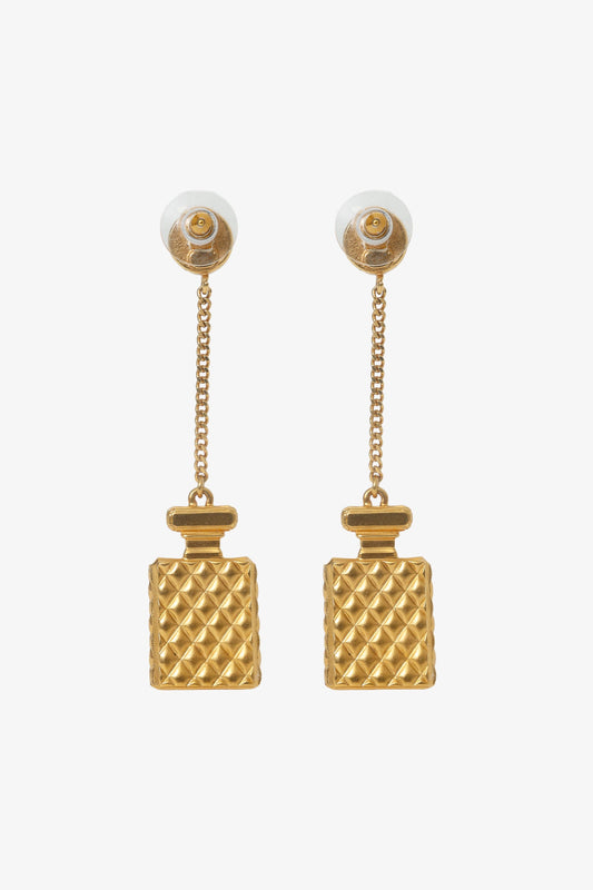 Chanel™ Gold Tone Crystal Pearl CC Perfume Bottle Chain Drop Earrings
