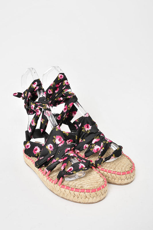 Prada Black/Pink Floral Satin Tie Up Espadrille Sandals Size 37.5