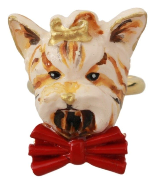 Dolce & Gabbana Gold Brass Resin Beige Dog Pet Branded Accessory Women's Ring