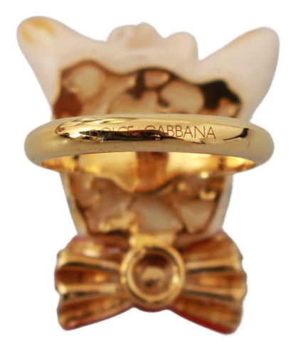 Dolce & Gabbana Gold Brass Resin Beige Dog Pet Branded Accessory Women's Ring