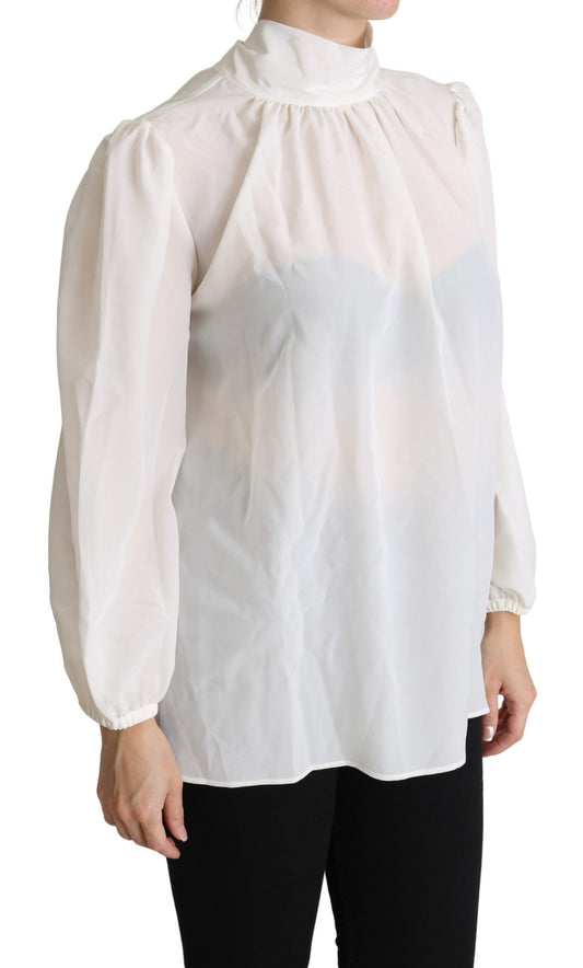 Dolce & Gabbana White Silk Pussy Bow Long Sleeved Top Women's Blouse