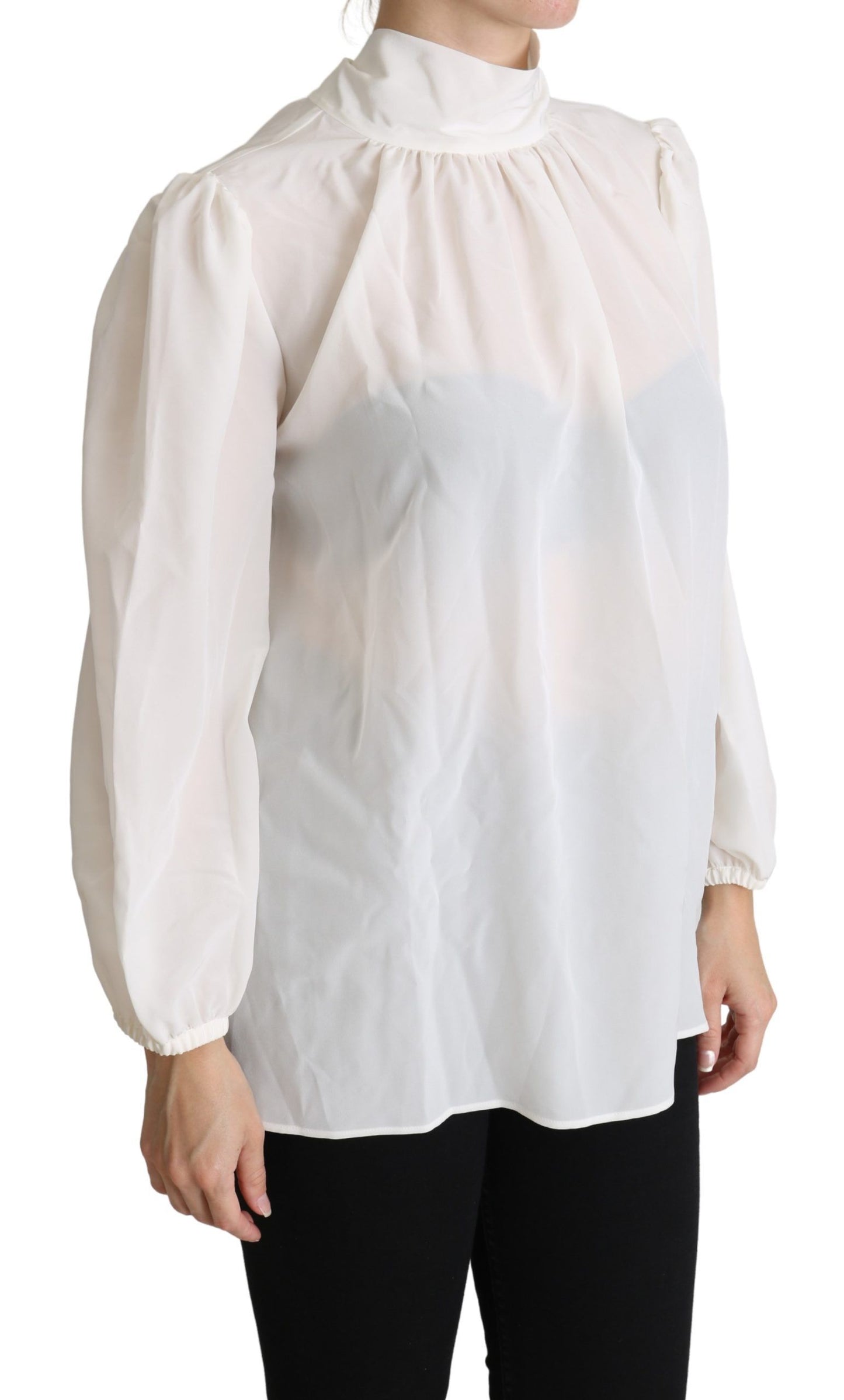 Dolce & Gabbana White Silk Pussy Bow Long Sleeved Top Women's Blouse