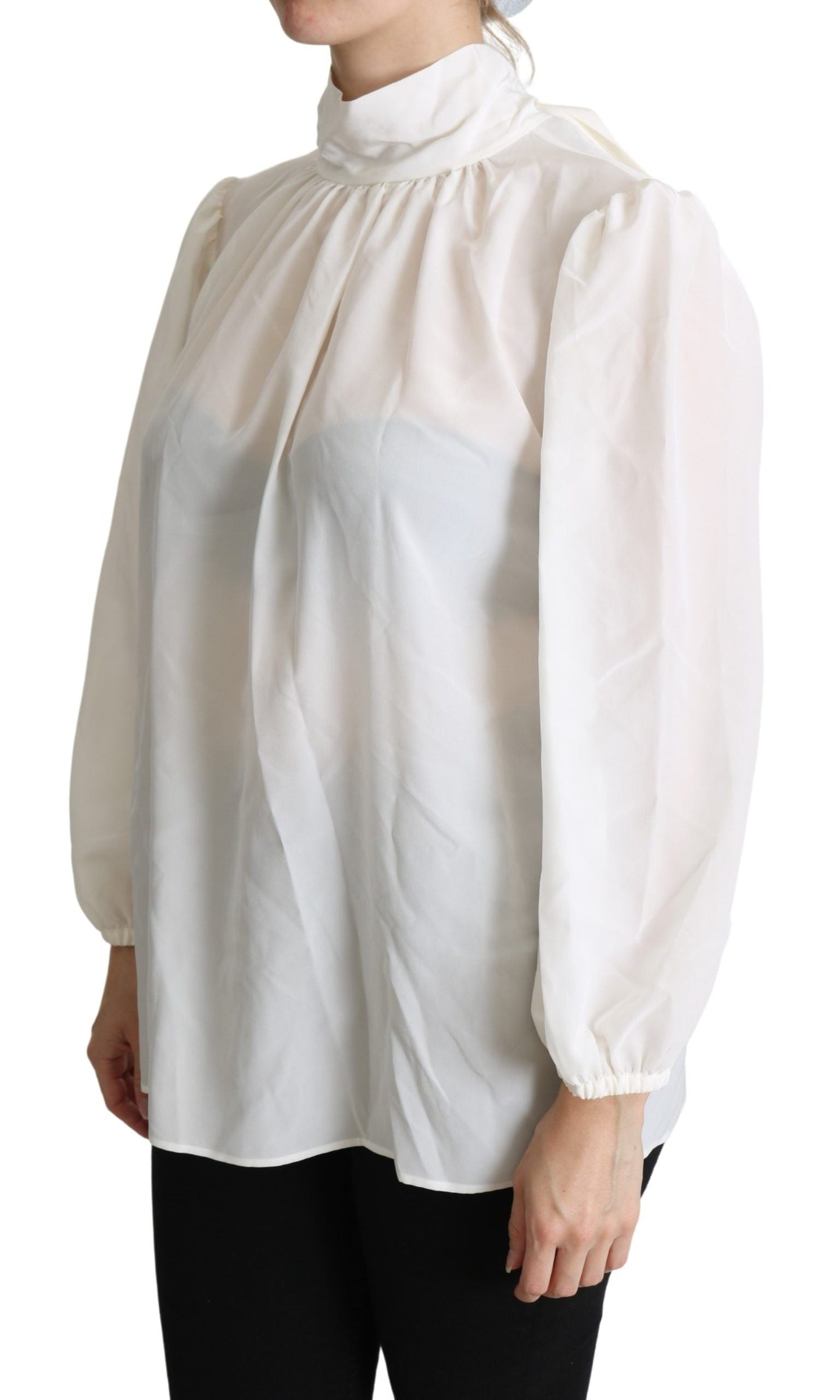 Dolce & Gabbana White Silk Pussy Bow Long Sleeved Top Women's Blouse