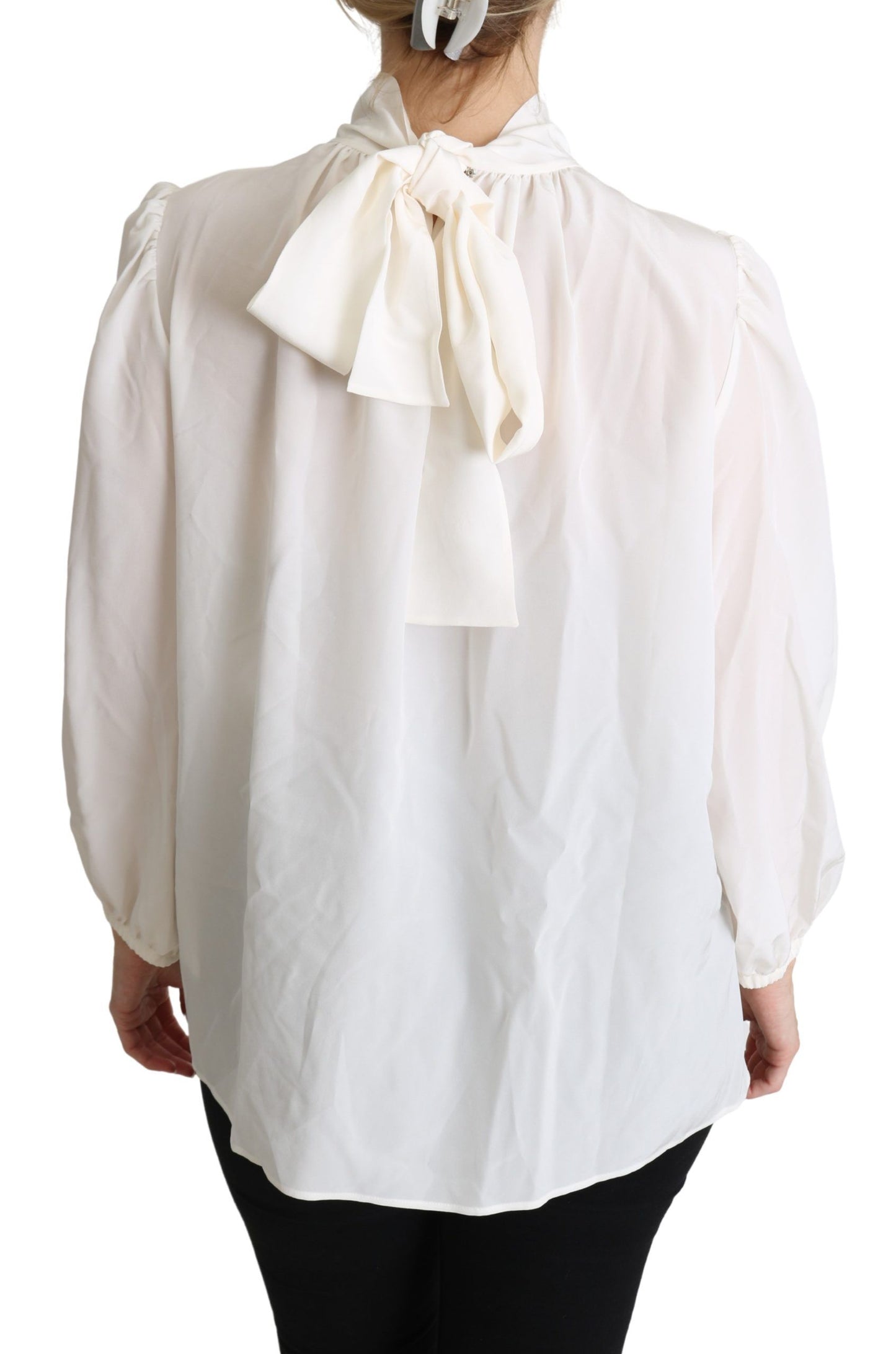 Dolce & Gabbana White Silk Pussy Bow Long Sleeved Top Women's Blouse