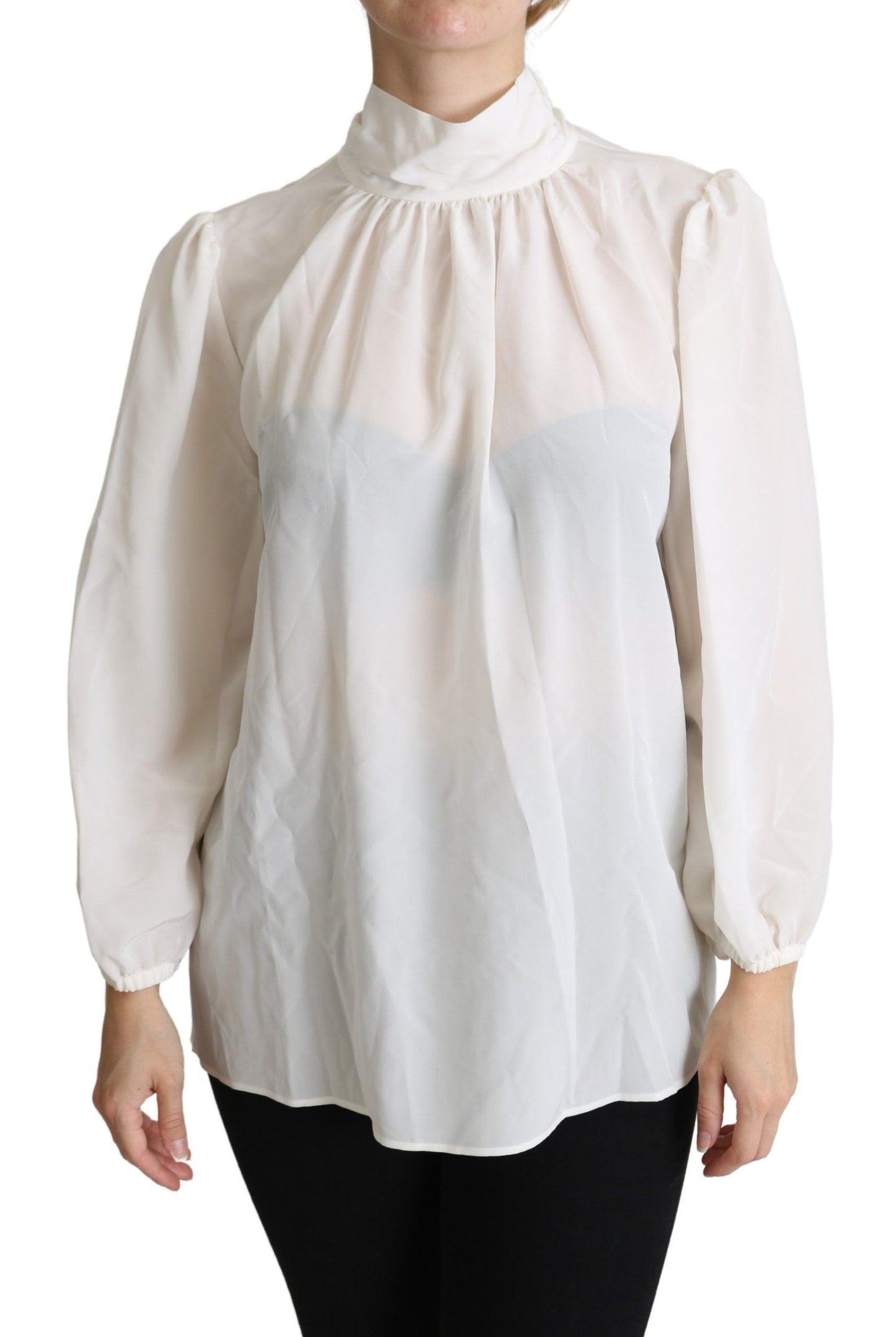 Dolce & Gabbana White Silk Pussy Bow Long Sleeved Top Women's Blouse