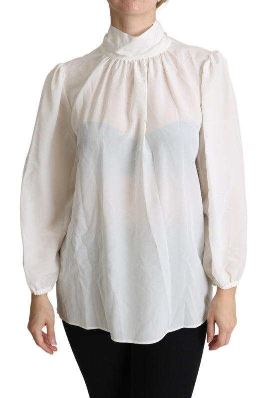 Dolce & Gabbana White Silk Pussy Bow Long Sleeved Top Women's Blouse
