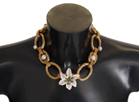 Dolce & Gabbana Gold White Lily Floral Chain Statement Women's Necklace