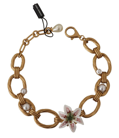 Dolce & Gabbana Gold White Lily Floral Chain Statement Women's Necklace