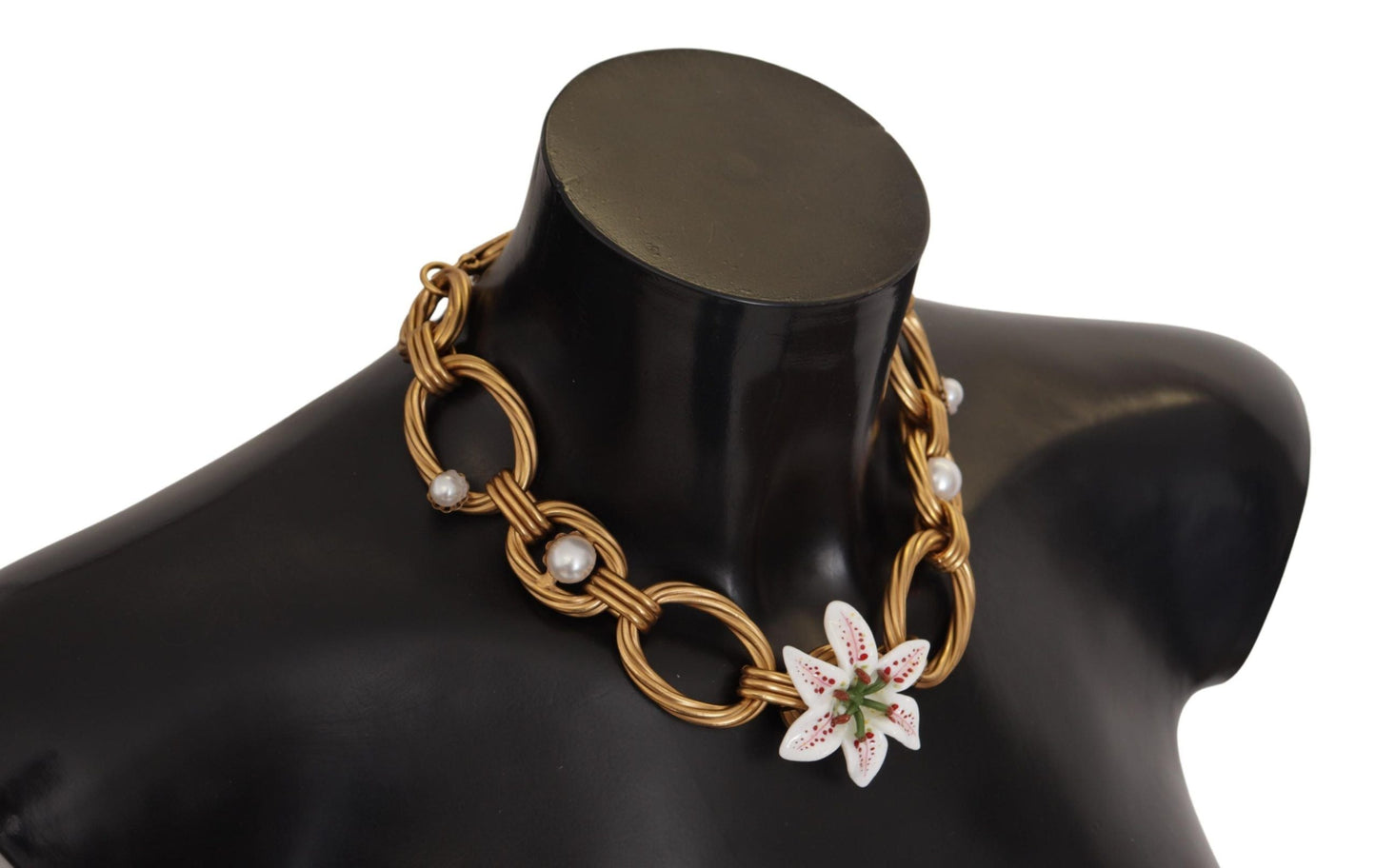Dolce & Gabbana Gold White Lily Floral Chain Statement Women's Necklace