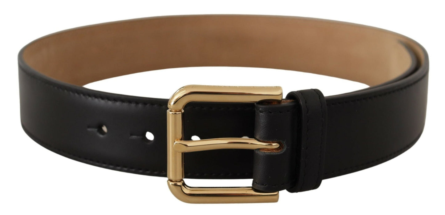 Dolce & Gabbana Black Solid Leather Classic Gold Waist Buckle Women's Belt