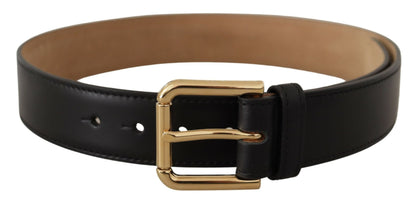 Dolce & Gabbana Black Solid Leather Classic Gold Waist Buckle Women's Belt