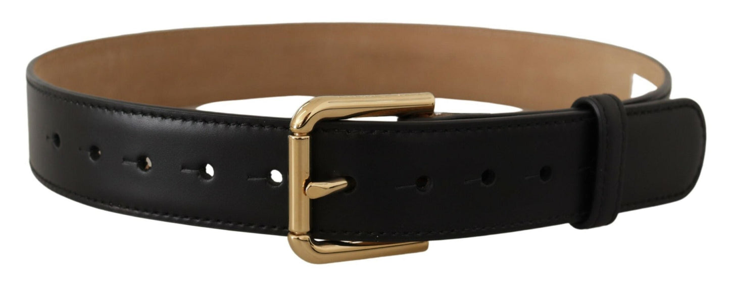 Dolce & Gabbana Black Solid Leather Classic Gold Waist Buckle Women's Belt