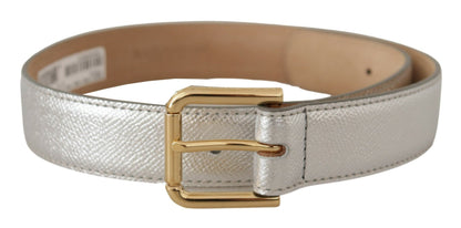 Dolce & Gabbana Silver Leather Gold Tone Logo Metal Waist Buckle Women's Belt