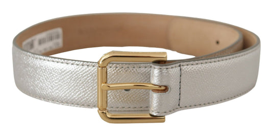 Dolce & Gabbana Silver Leather Gold Tone Logo Metal Waist Buckle Women's Belt