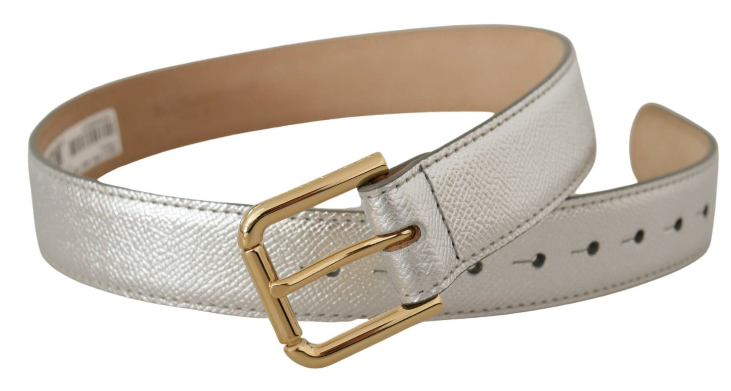 Dolce & Gabbana Silver Leather Gold Tone Logo Metal Waist Buckle Women's Belt