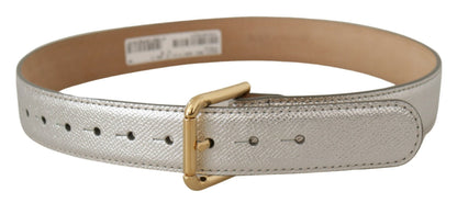 Dolce & Gabbana Silver Leather Gold Tone Logo Metal Waist Buckle Women's Belt