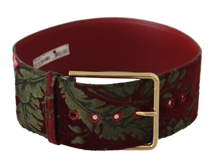 Dolce & Gabbana Red Embroidered Leather Gold Logo Metal Buckle Women's Belt