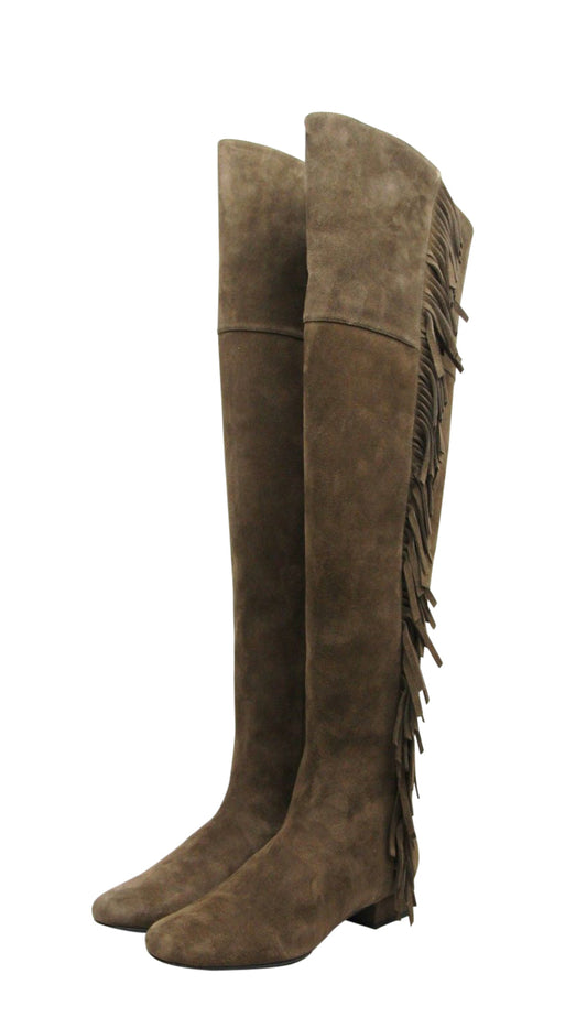 Saint Laurent Women's Over The Knee Brown Suede Fringed Boots (37 EU / 7 US)