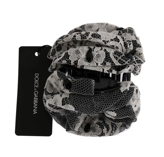 Dolce & Gabbana Black White Floral Lace Crystal Hair Women's Claw